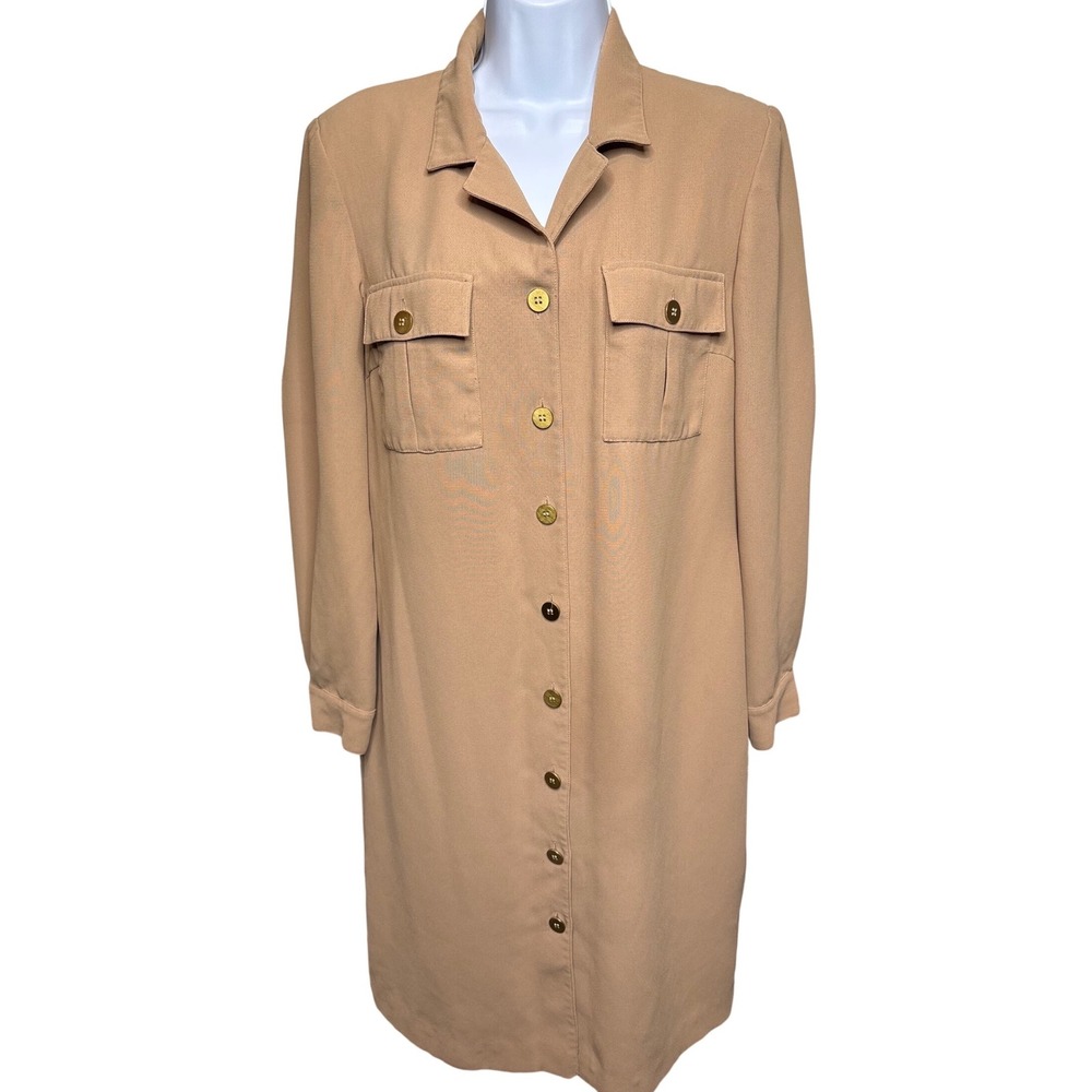 TALBOTS Womens Tan Buttoned Long Sleeve Shirt Dress 8 Safari Utility Minimalist